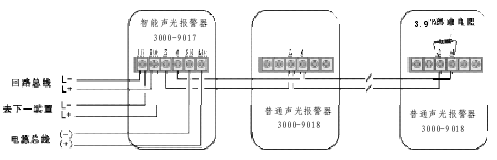 1 ,2 號兩端子接回路總線,3,4 號端子為並聯普通聲光報警器時使用